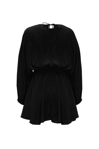 Back view of HERTH Ema silk mini dress, crafted in Italy from GOTS-certified organic silk. Available at ASSOLUTO boutique in Almond and Black.