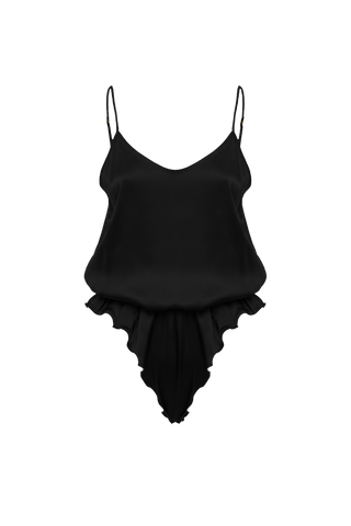 HERTH Nyx silk bodysuit in Black, crafted in Italy from GOTS-certified organic silk. Available at ASSOLUTO boutique.
